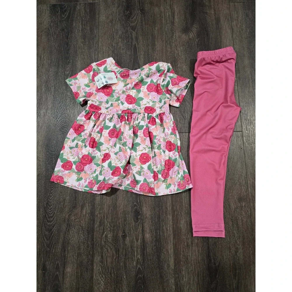 Pete + Lucy Girl 2 Piece Tunic and Leggings Set Pink Rose Floral Boutique 5T NWT
